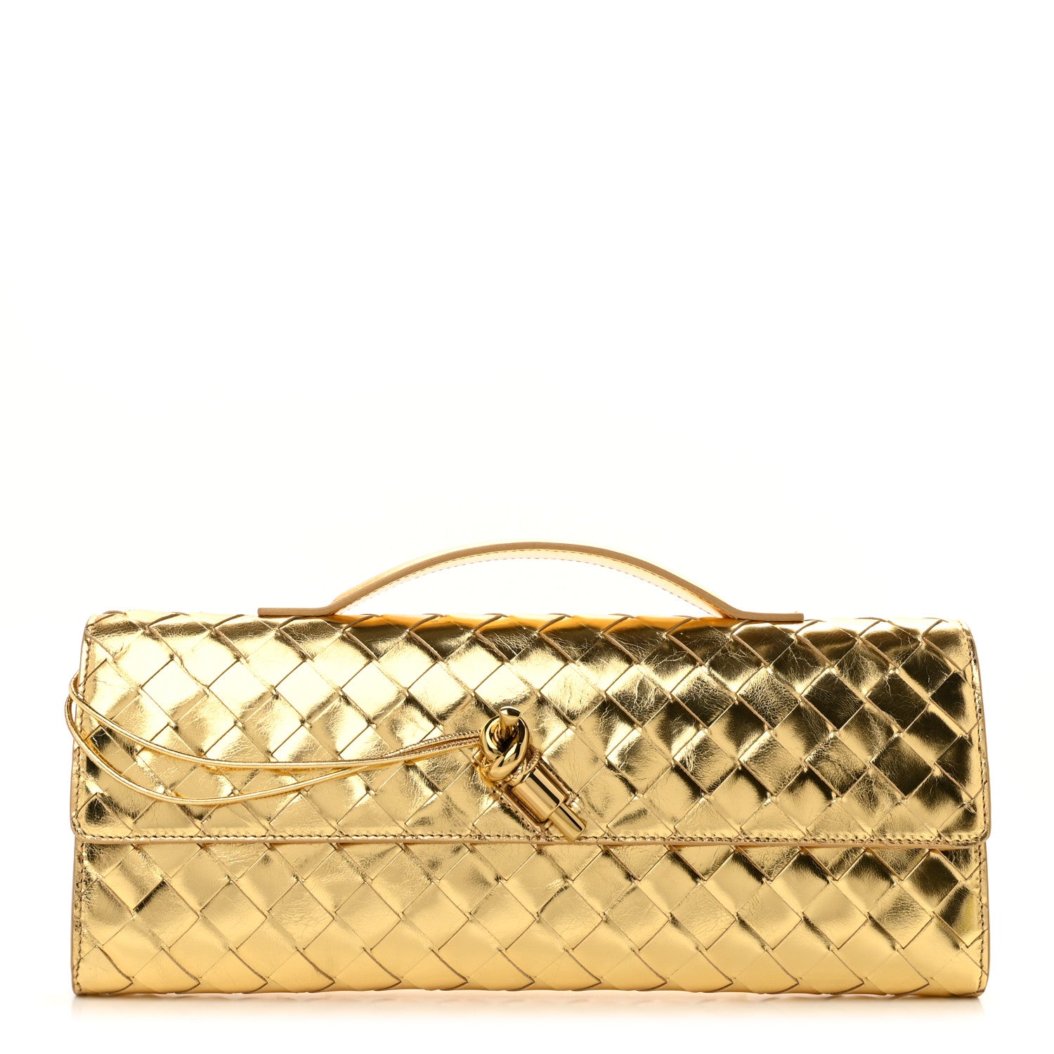 Bottega Veneta Metallic Lambskin Intrecciato Long Andiamo Top Handle Clutch Gold 1 of 7