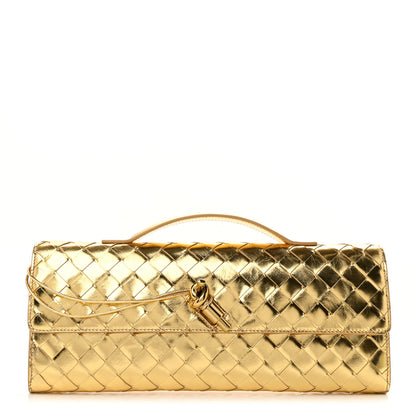Bottega Veneta Metallic Lambskin Intrecciato Long Andiamo Top Handle Clutch Gold 1 of 7