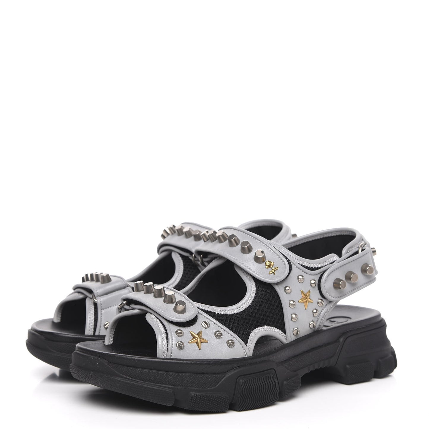 Technical Canvas Calfskin Reflective Studded Mens Aguru Sandals 8 Silver Black