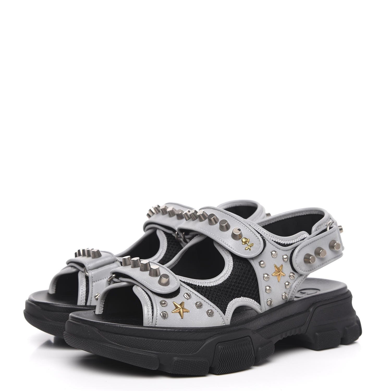 Gucci Technical Canvas Calfskin Reflective Studded Mens Aguru Sandals 8 Silver Black 3 of 8