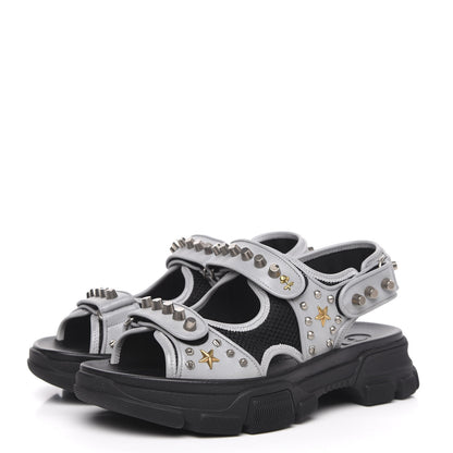 Gucci Technical Canvas Calfskin Reflective Studded Mens Aguru Sandals 8 Silver Black 3 of 8