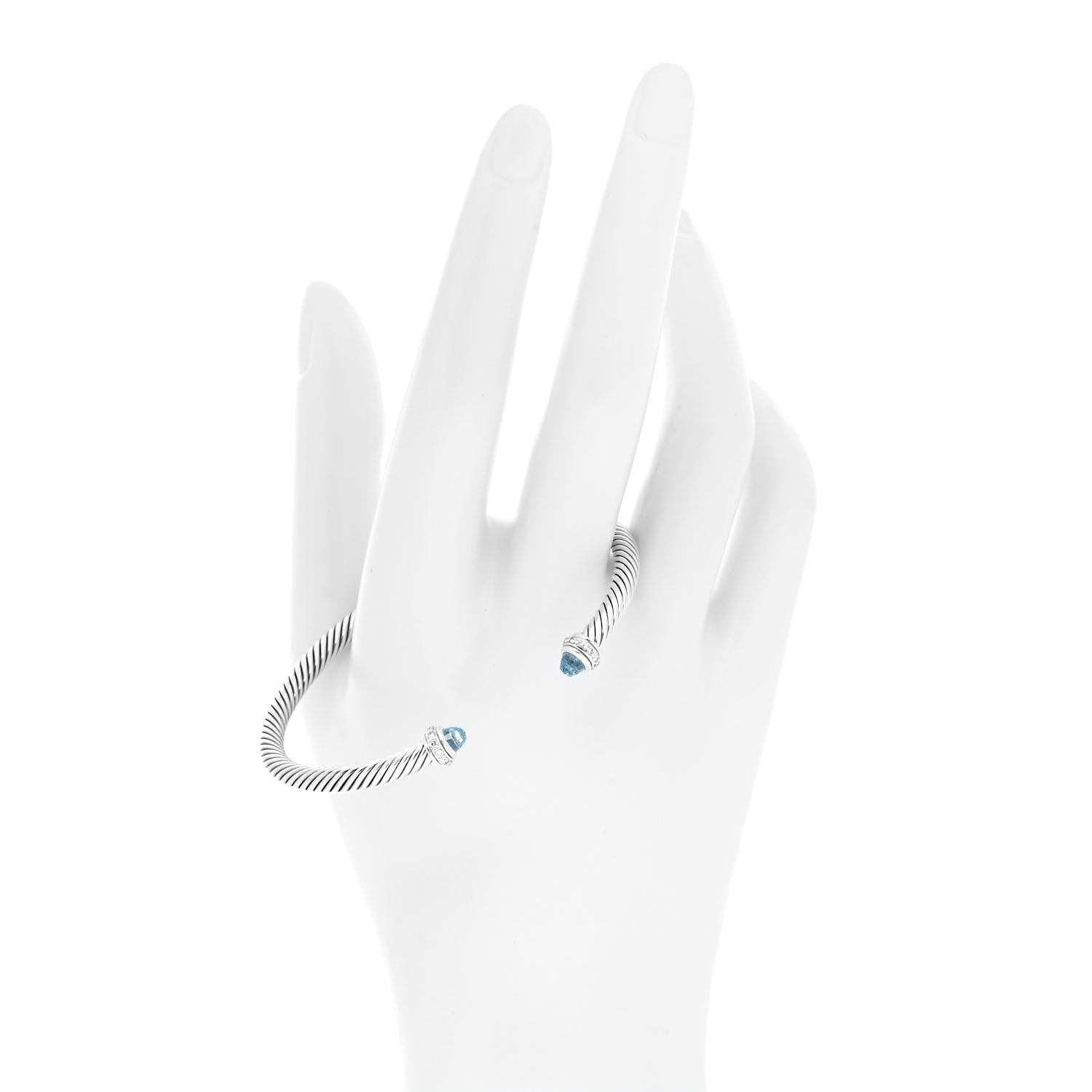 David Yurman Sterling Silver 18K White Gold Diamond Blue Topaz 4mm Cable Classics Bracelet 2 of 5
