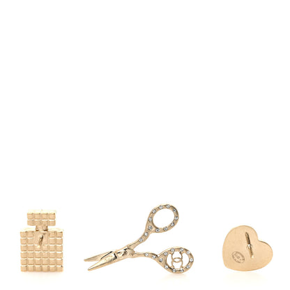 Chanel Metal Strass Crystal Quilted CC Heart Scissors Perfume Brooch Set Gold 3 of 5