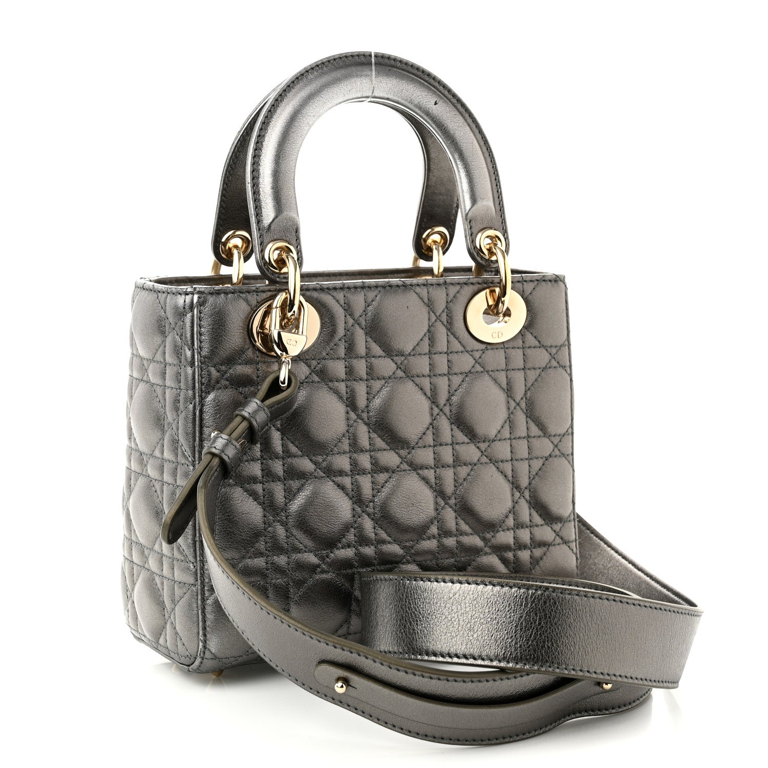 Christian Dior Metallic Grained Calfskin Cannage Small Lady Dior Gunmetal 3 of 11