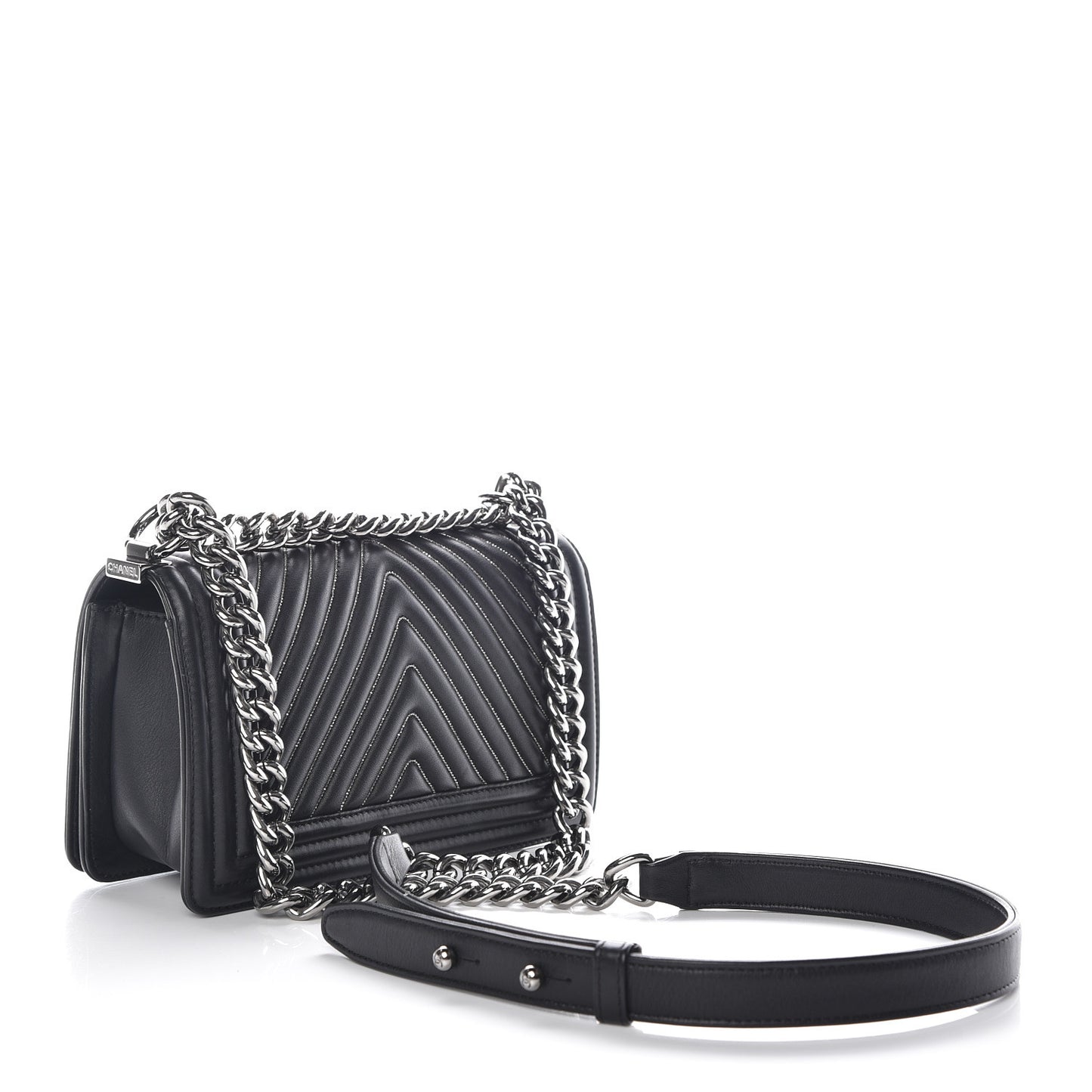 Calfskin Chain Chevron Small Boy Flap Black