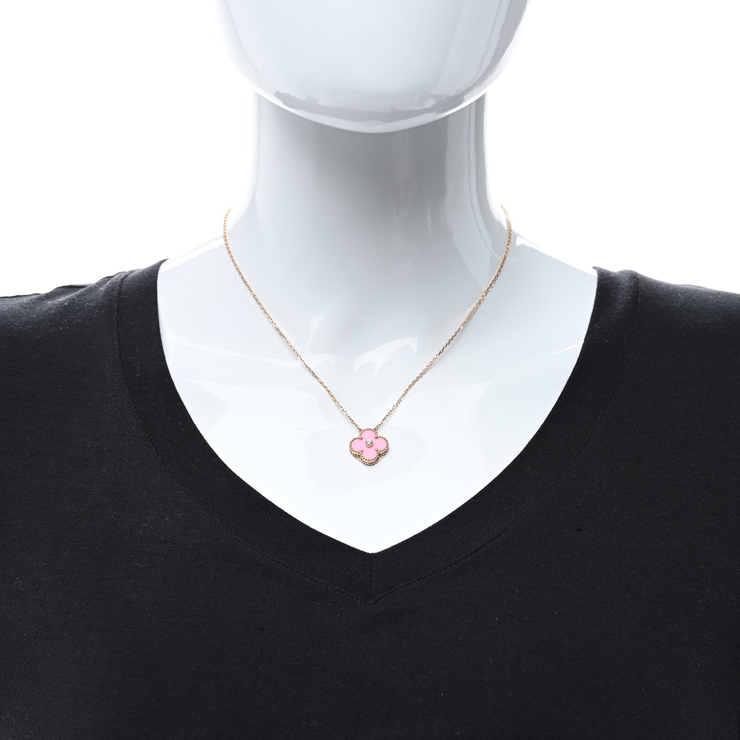 Van Cleef & Arpels 18K Rose Gold Diamond Pink Porcelain Vintage Alhambra Pendant Necklace 3 of 5