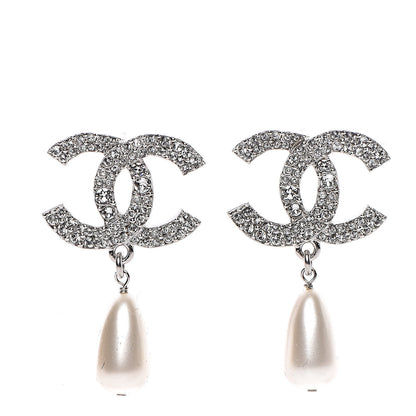 Chanel Crystal Pearl CC Drop Darling Bows Earrings Silver Pearly White 1 of 5