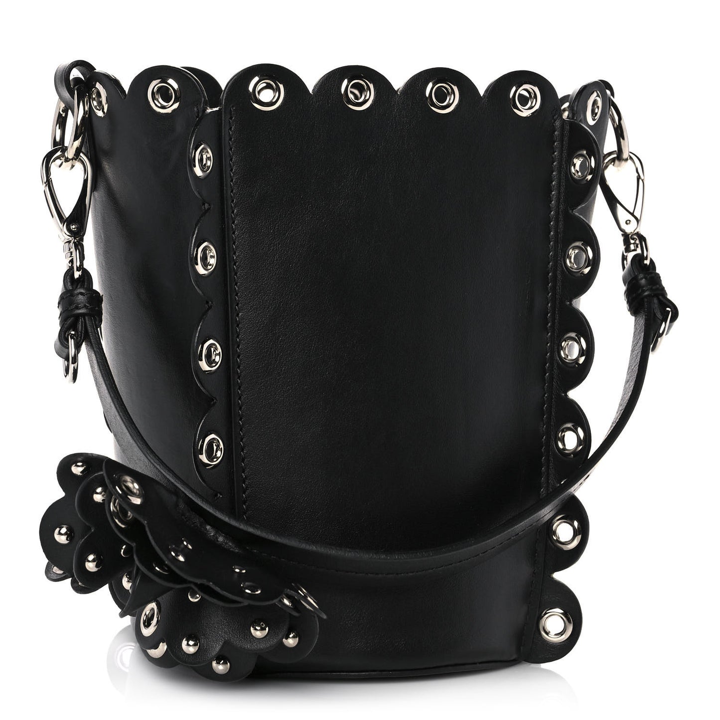 Calfskin Scalloped Grommet Bucket Bag Black
