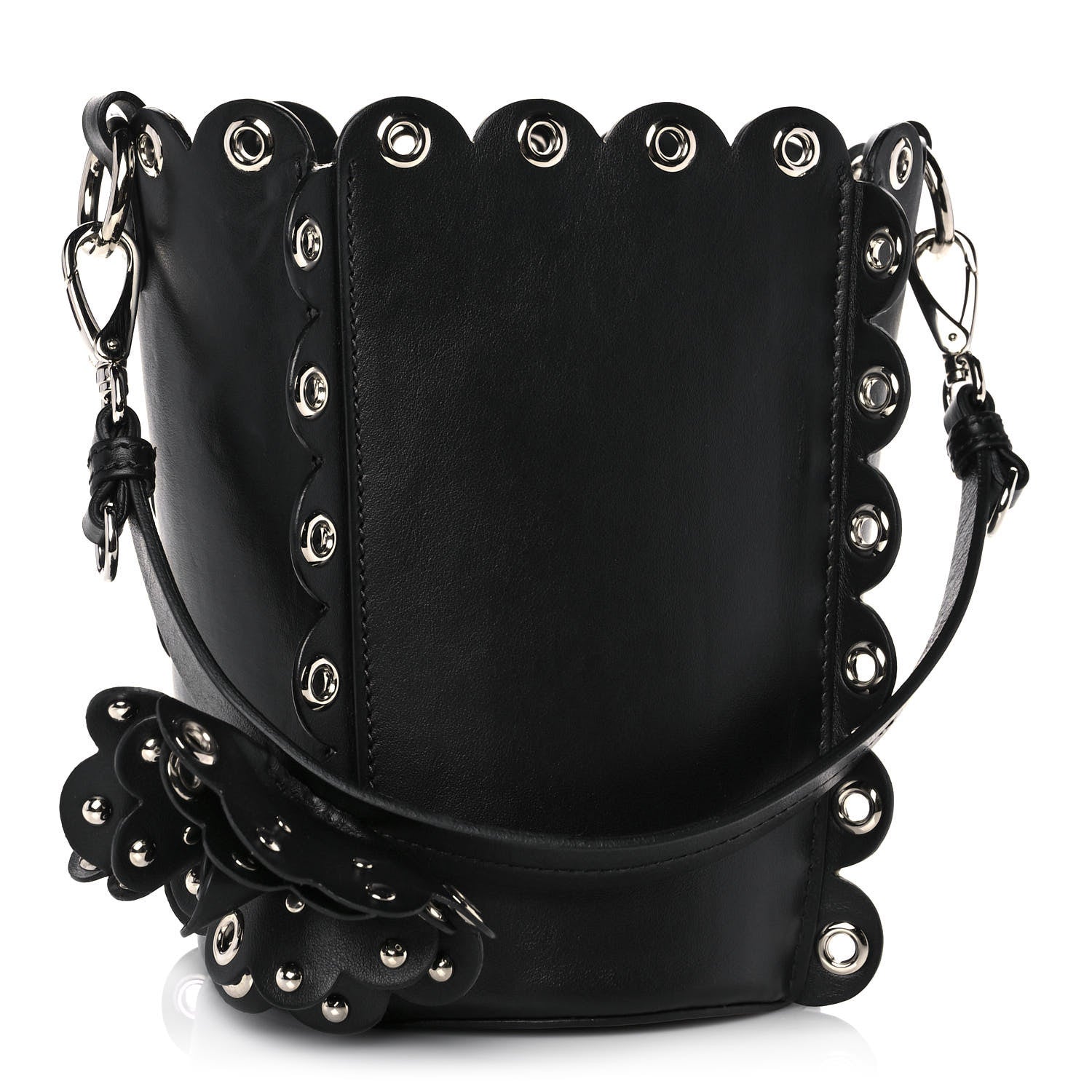 Miu Miu Calfskin Scalloped Grommet Bucket Bag Black 4 of 10