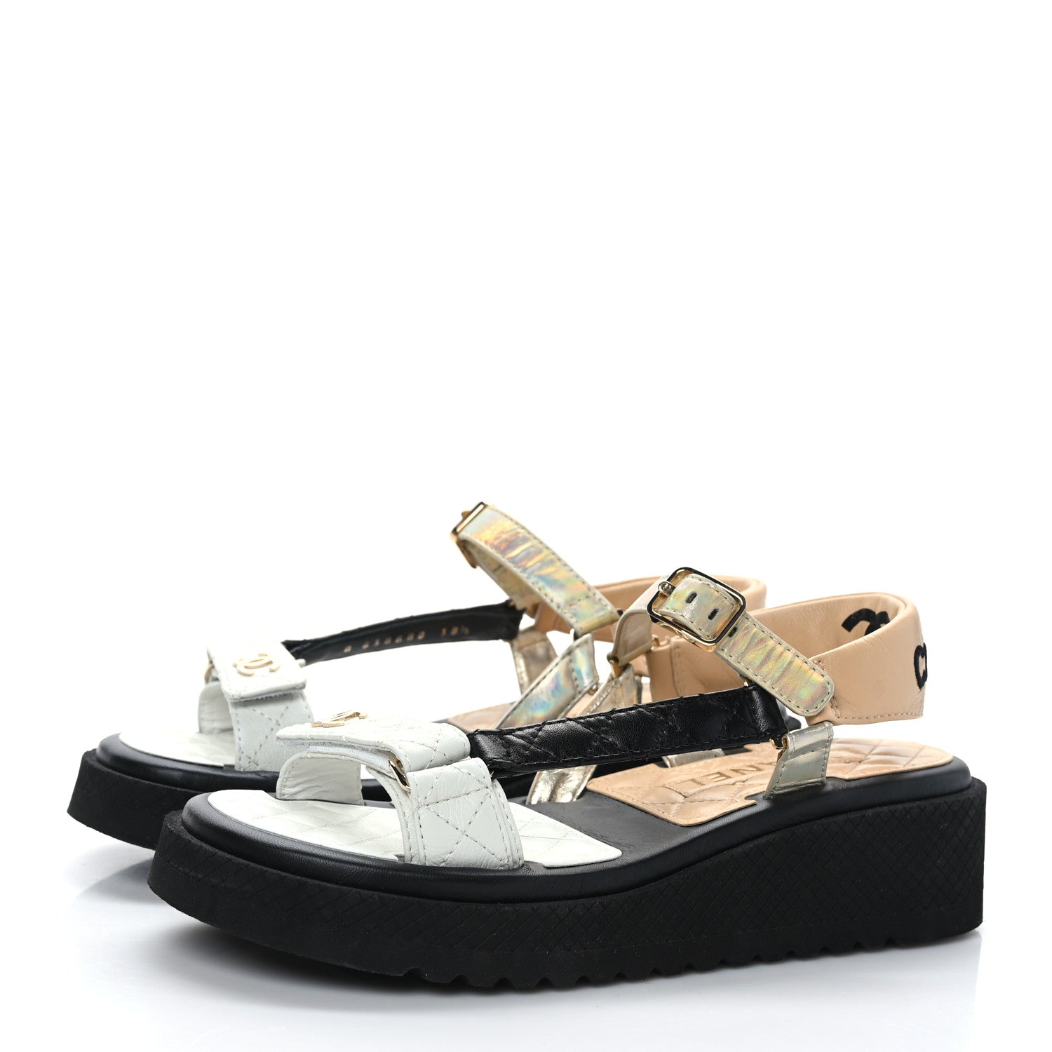 Chanel Lambskin Logo Platform Sandals 38.5 Beige Gold White 3 of 8