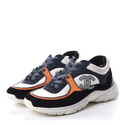 Chanel Nylon Calfskin Suede CC Womens Sneakers 36 Navy White Orange 3 of 8