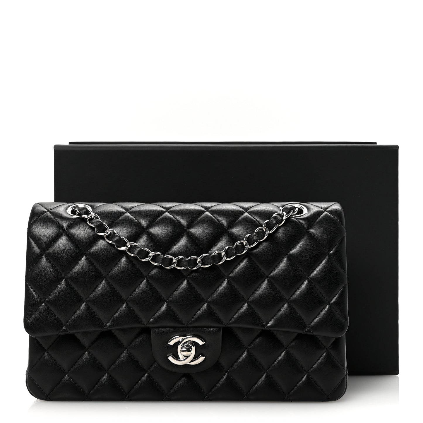 Lambskin Quilted Medium Double Flap Black Pink