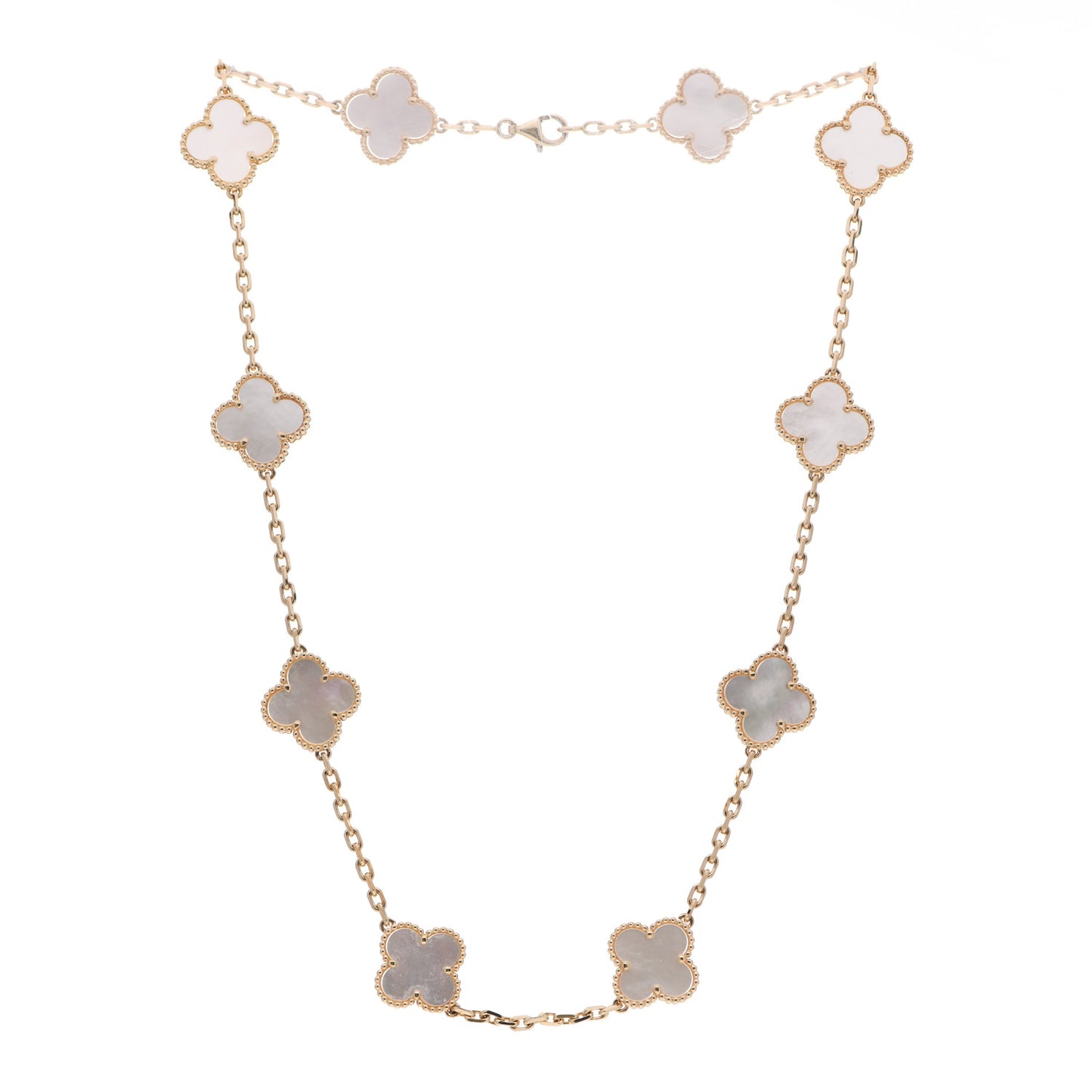 18K Yellow Gold Mother of Pearl 10 Motifs Vintage Alhambra Necklace
