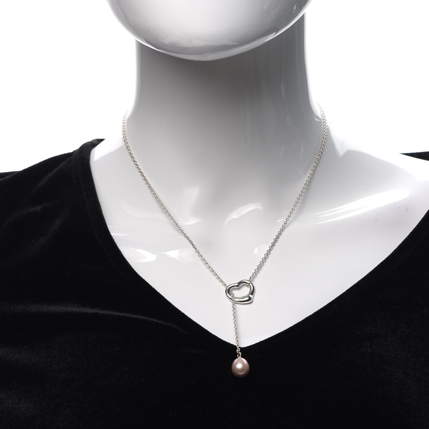 Tiffany Sterling Silver Pink Pearl 9-9.5mm Elsa Peretti Open Heart Lariat Necklace 2 of 5