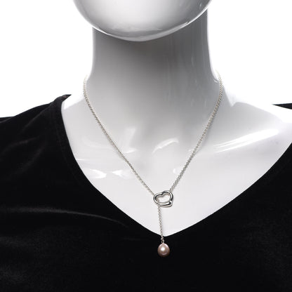 Tiffany Sterling Silver Pink Pearl 9-9.5mm Elsa Peretti Open Heart Lariat Necklace 2 of 5