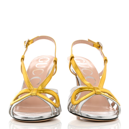 Gucci Metallic Nappa Crystal Zephyra Slingback High Heel Sandals 36.5 Silver Gold 2 of 10