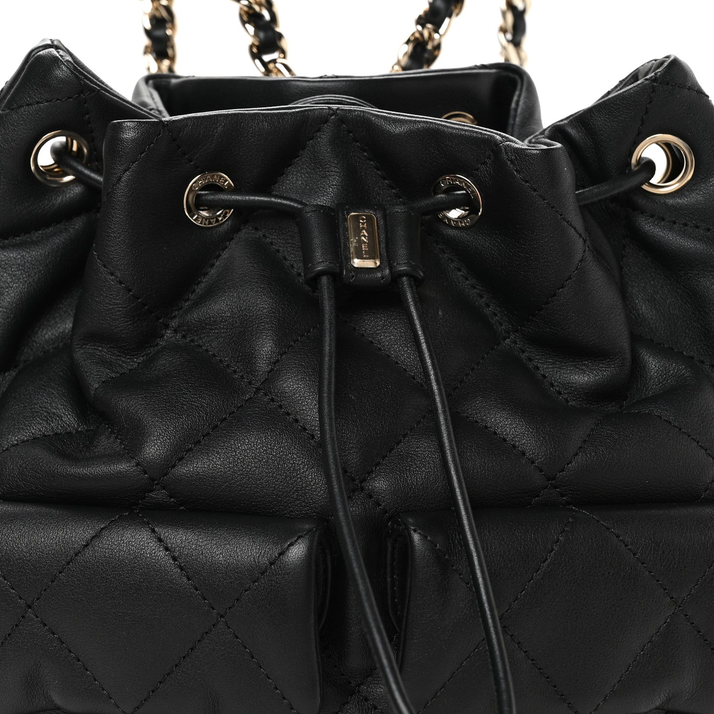 Lambskin Quilted Double Pocket Drawstring Backpack Black