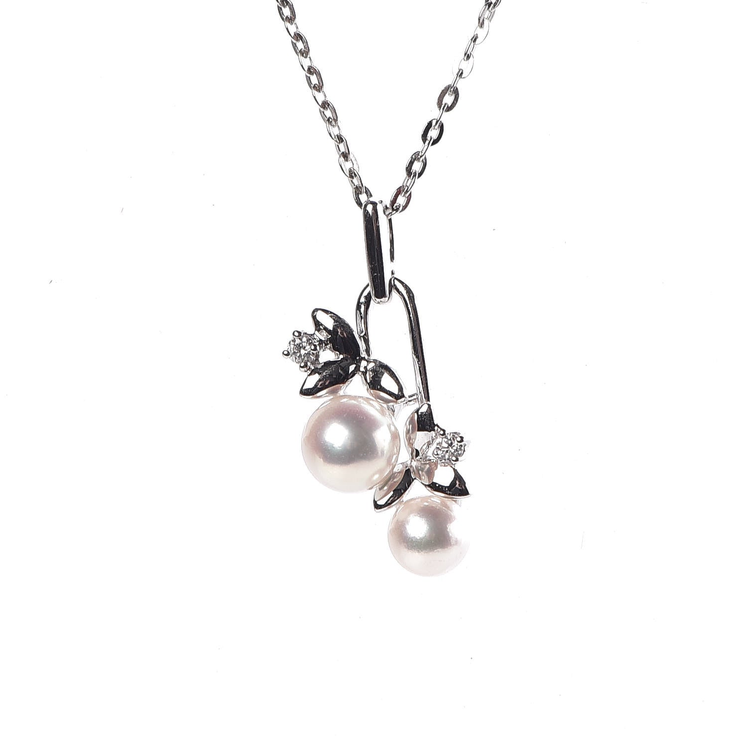Mikimoto 18K White Gold Diamond Akoya Pearl Olive Leaf Pendant Necklace 4 of 6