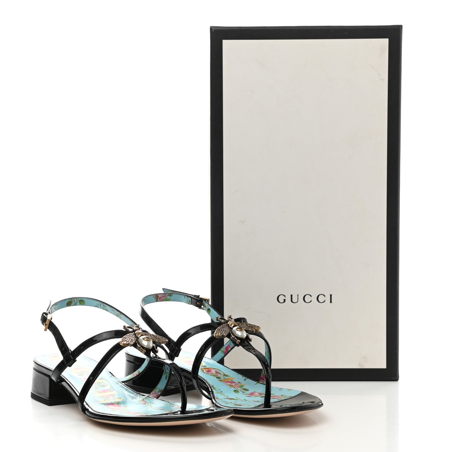 Patent Calfskin Bee Thong Sandals 36 Black