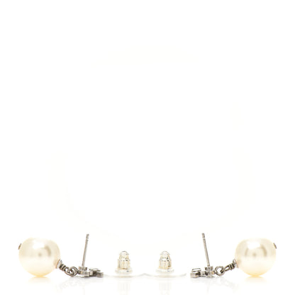 Chanel Crystal Pearl CC Drop Earrings Silver Pearly White 4 of 4