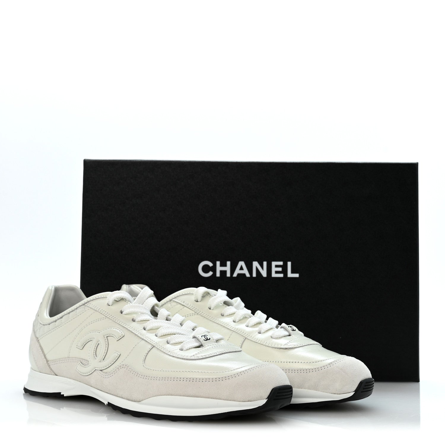 Chanel Suede Calfskin Quilted CC Sneakers 39 White Black 10 of 10