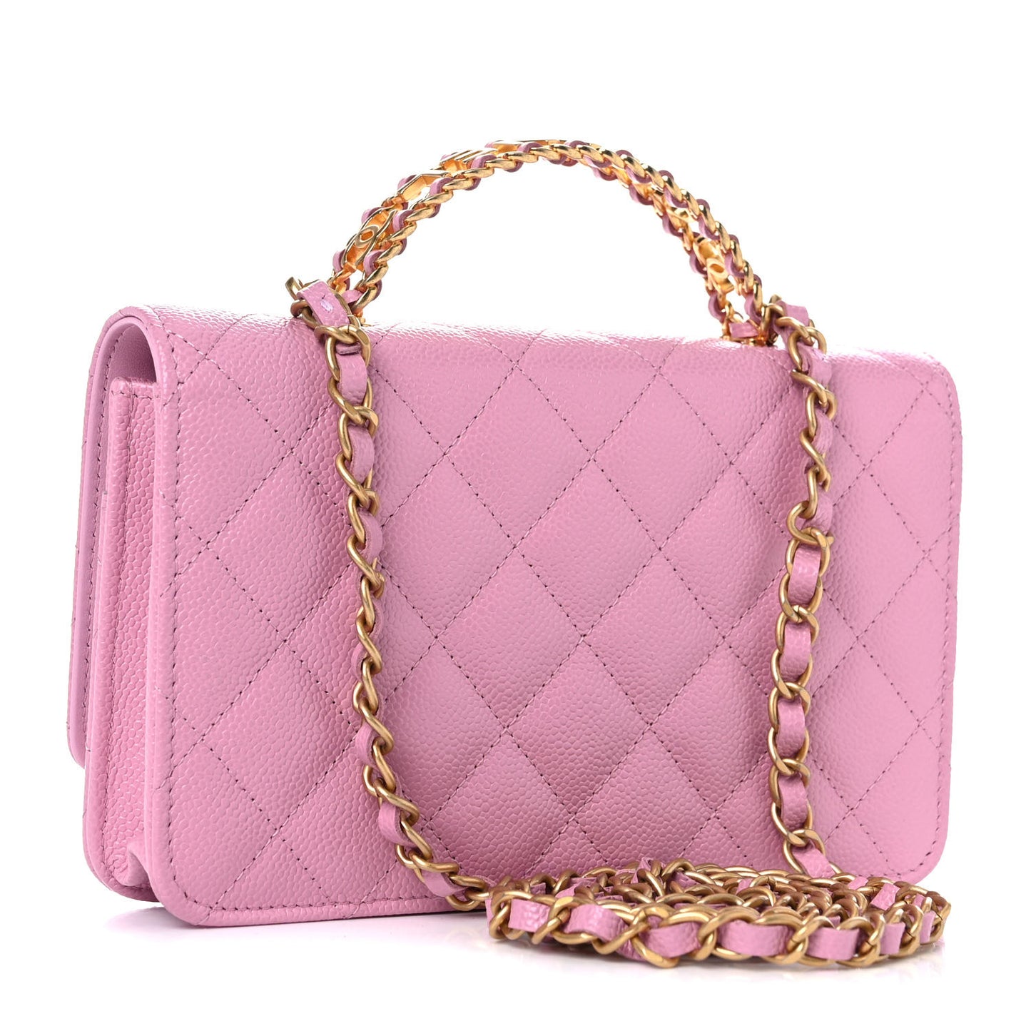 Shiny Caviar Quilted Pick Me Up Wallet On Chain WOC Pink