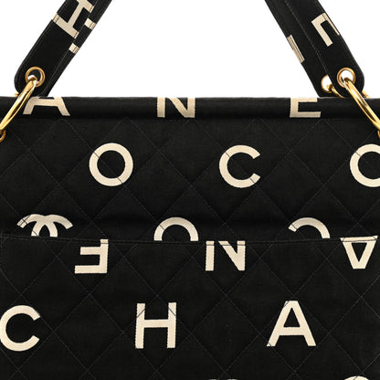Chanel Canvas Printed Quilted Logo Tote Black White 8 of 10