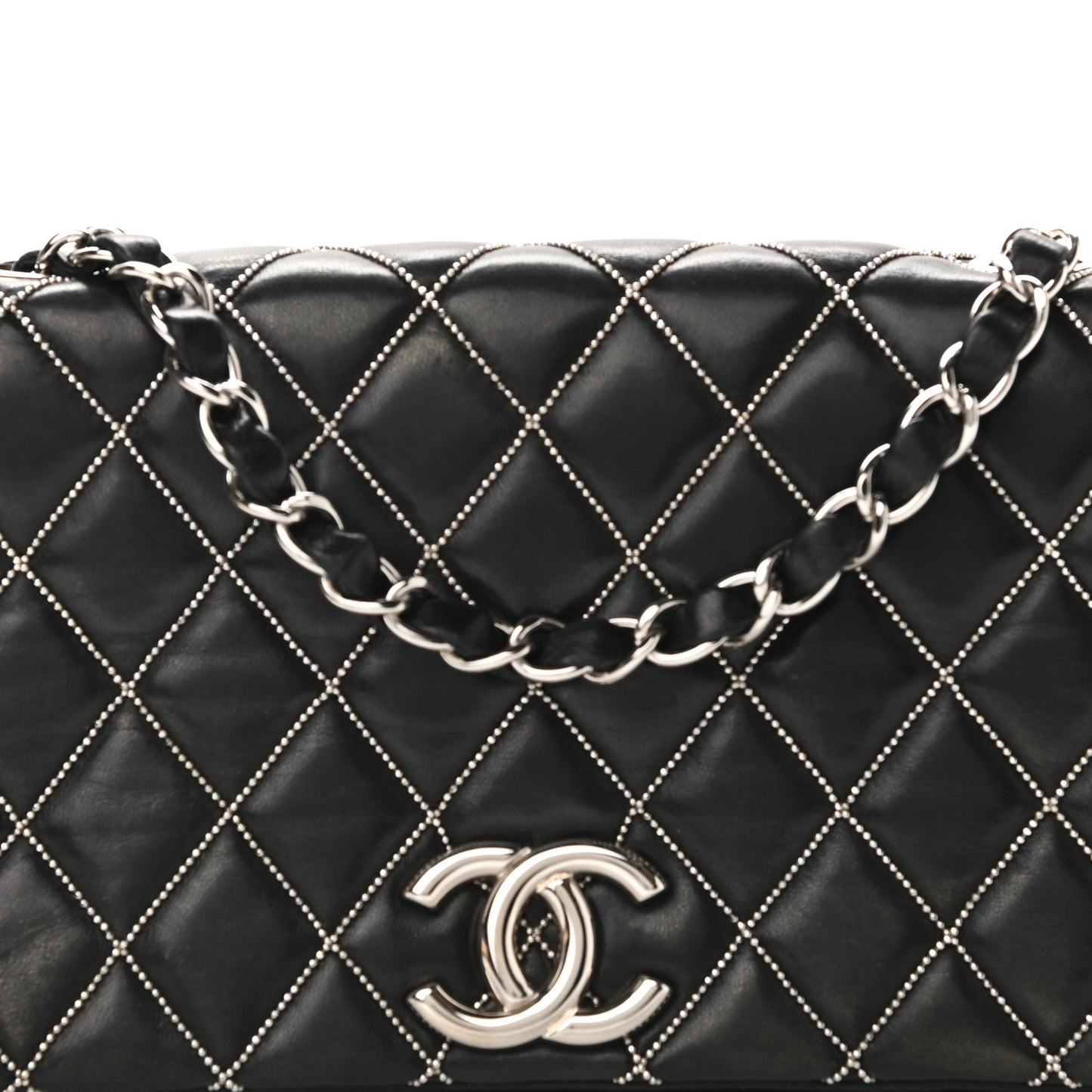 Lambskin Studded Medium Metal Beauty Flap Black