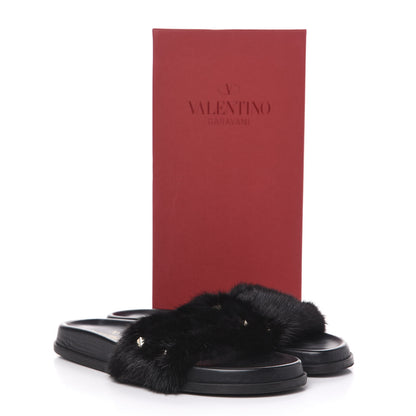 Valentino Garavani Mink Fur Rockstud Slide Sandals 39.5 Black 9 of 9