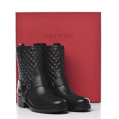 Valentino Garavani Calfskin Crackled Lambskin Rockstud Spike 20mm Biker Boots 37.5 Black 11 of 11