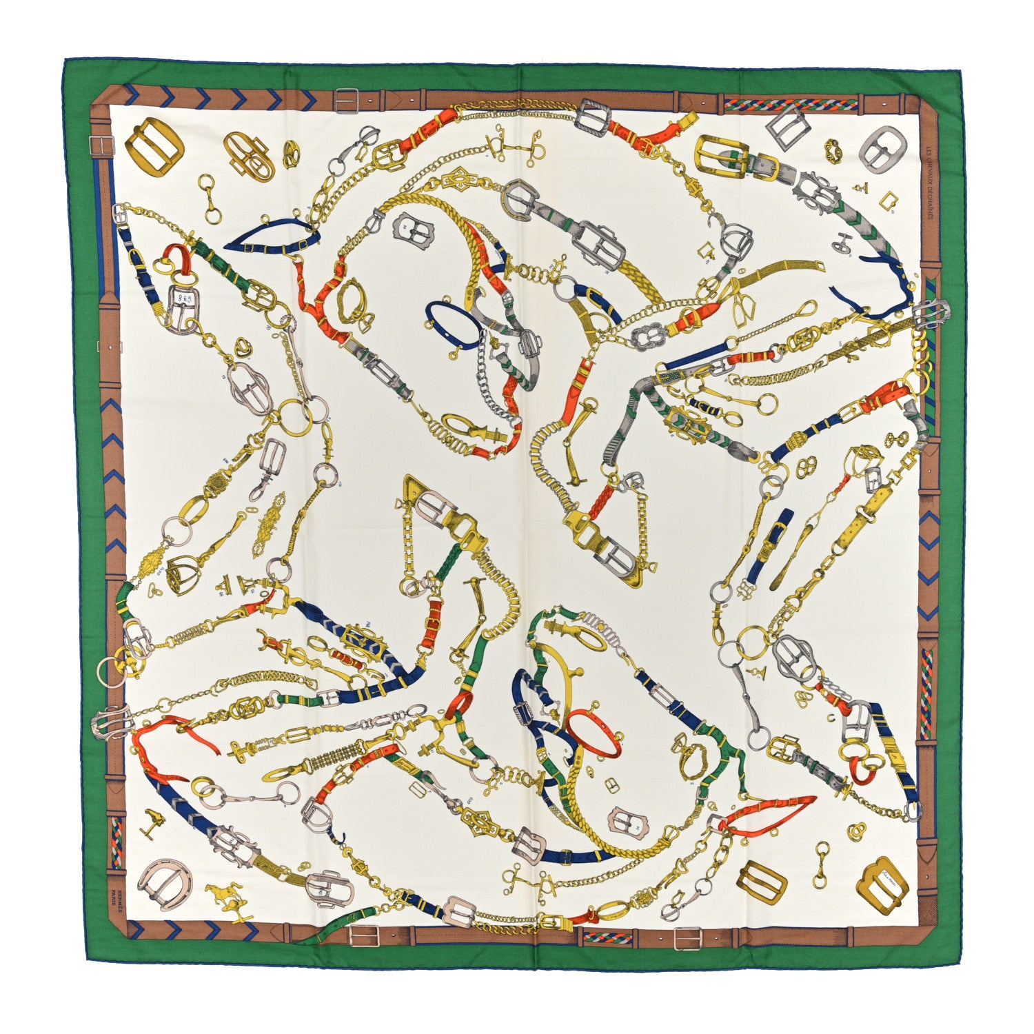 Hermes Cashmere Silk Chevaux Dechaines Shawl 140 Emeraude White Multicolor 1 of 5