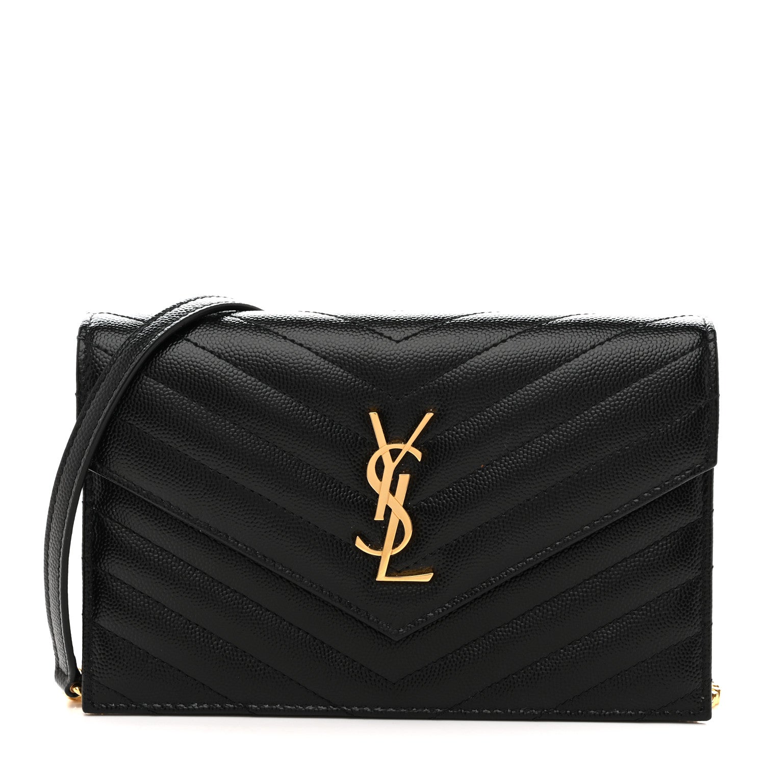 Saint Laurent Grain De Poudre Matelasse Chevron Monogram Envelope Chain Wallet Black 1 of 14