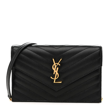 Saint Laurent Grain De Poudre Matelasse Chevron Monogram Envelope Chain Wallet Black 1 of 14