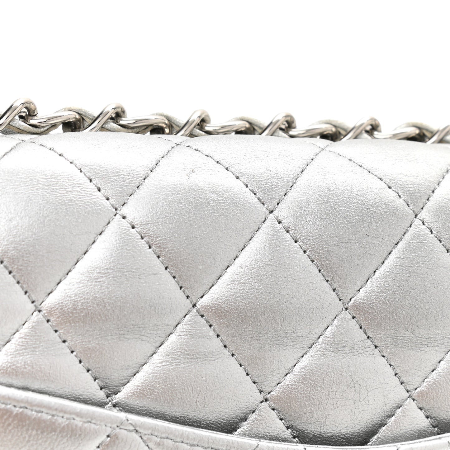 Metallic Lambskin Quilted Medium Double Flap Silver