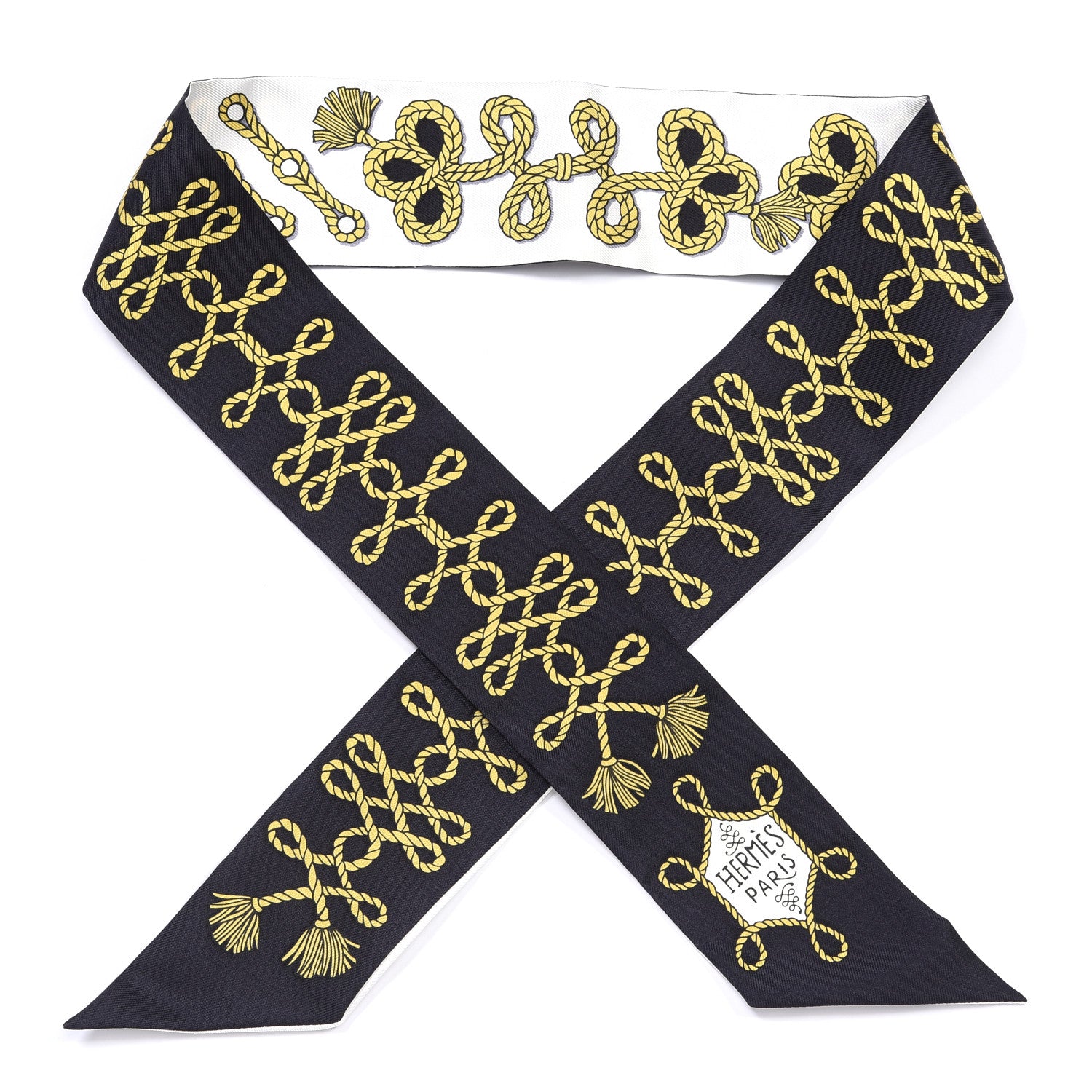Hermes Silk Galons Et Brandebourg Twilly Black Gold White 1 of 4