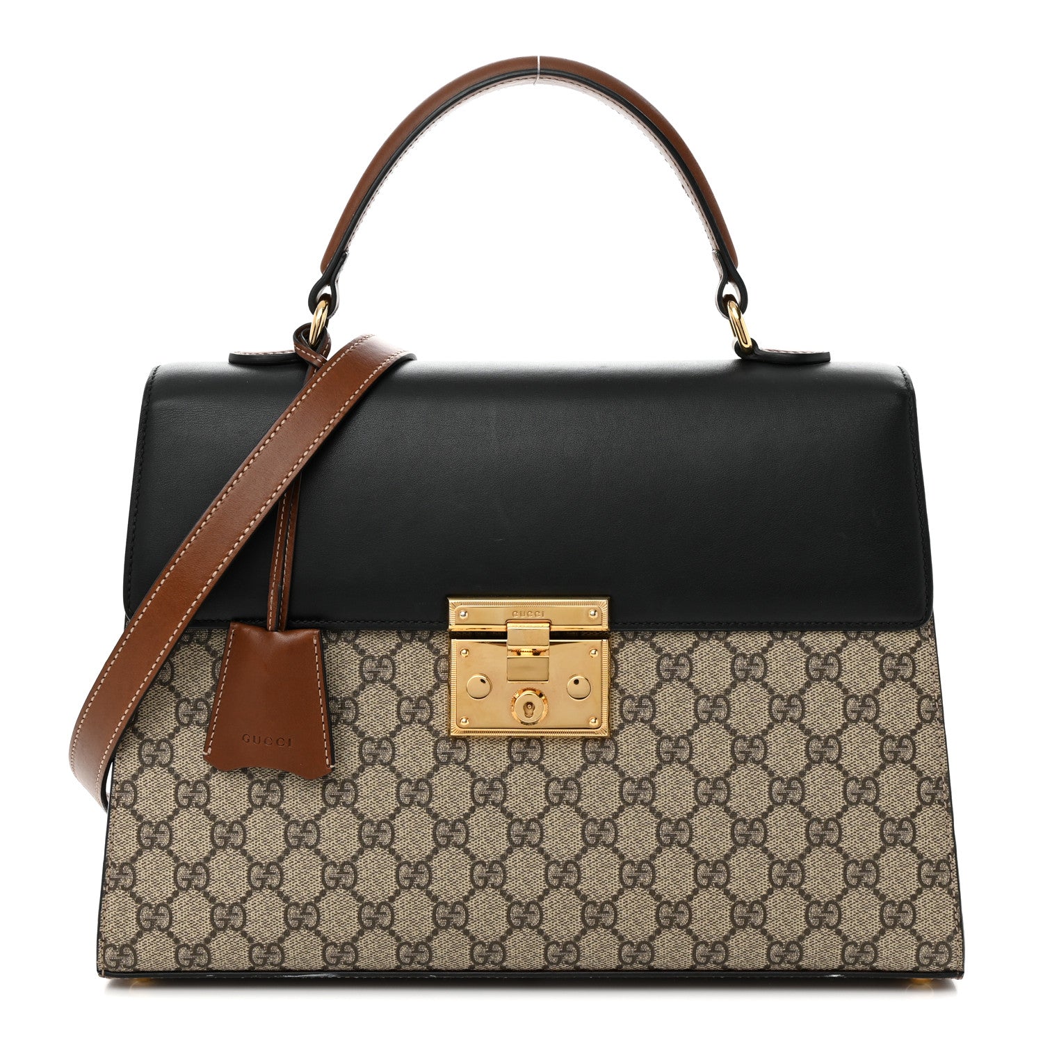 Gucci GG Supreme Monogram Calfskin Medium Padlock Top Handle Bag Beige Black Cuir 1 of 15