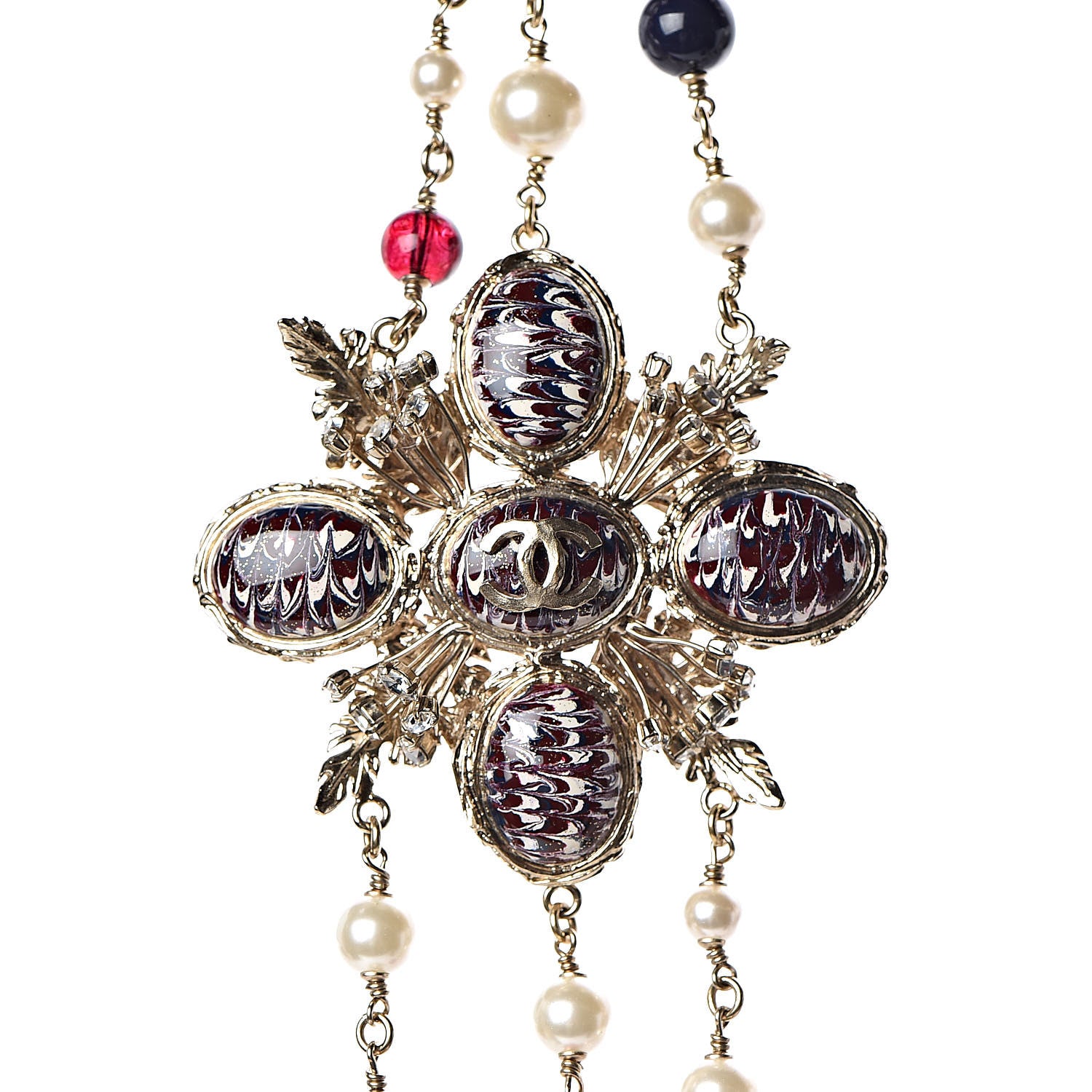 Chanel Pearl Bead Crystal CC Long Necklace Gold Red 4 of 6