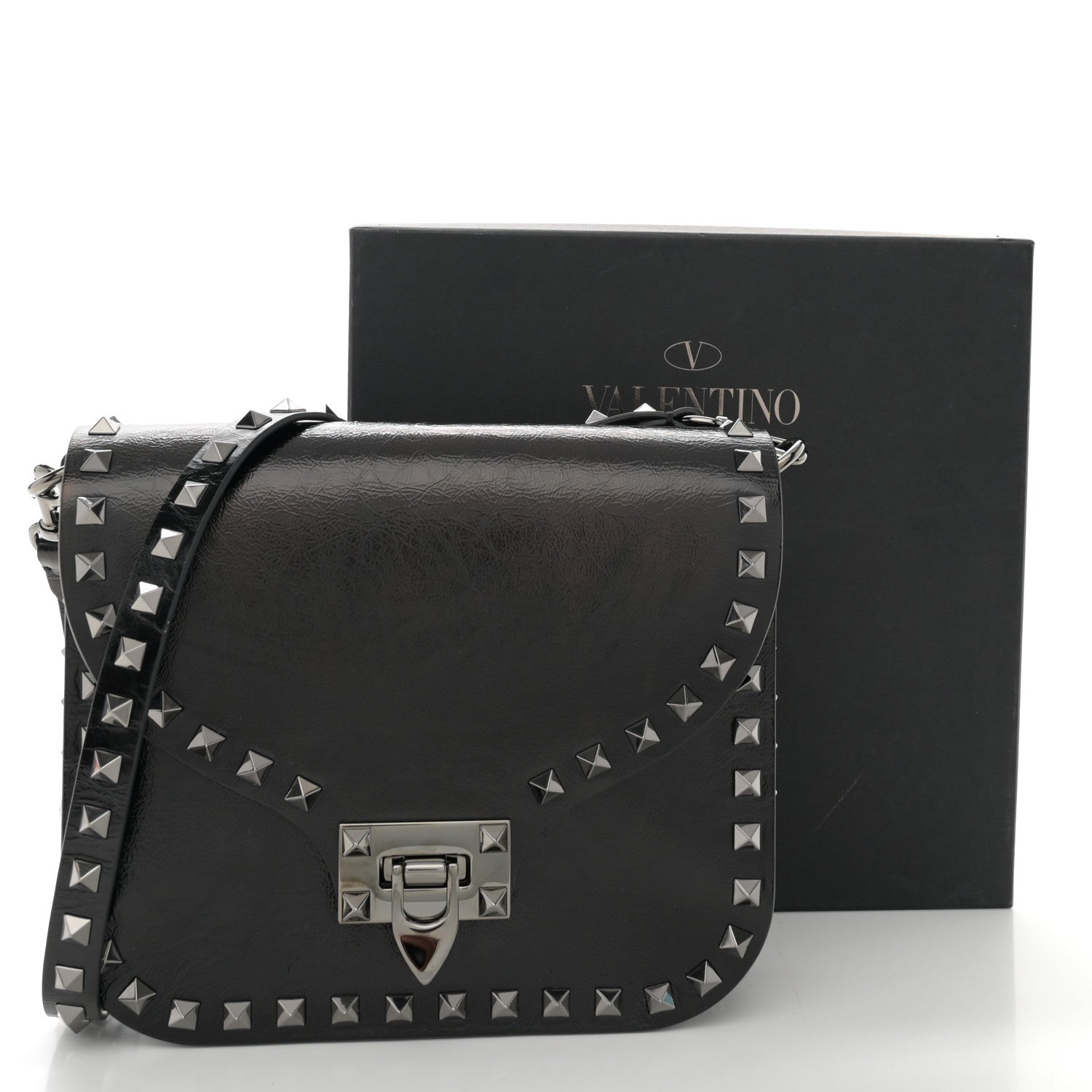 Valentino Garavani Craquele Calfskin Rockstud Shoulder Flap Messenger Bag Black 11 of 11