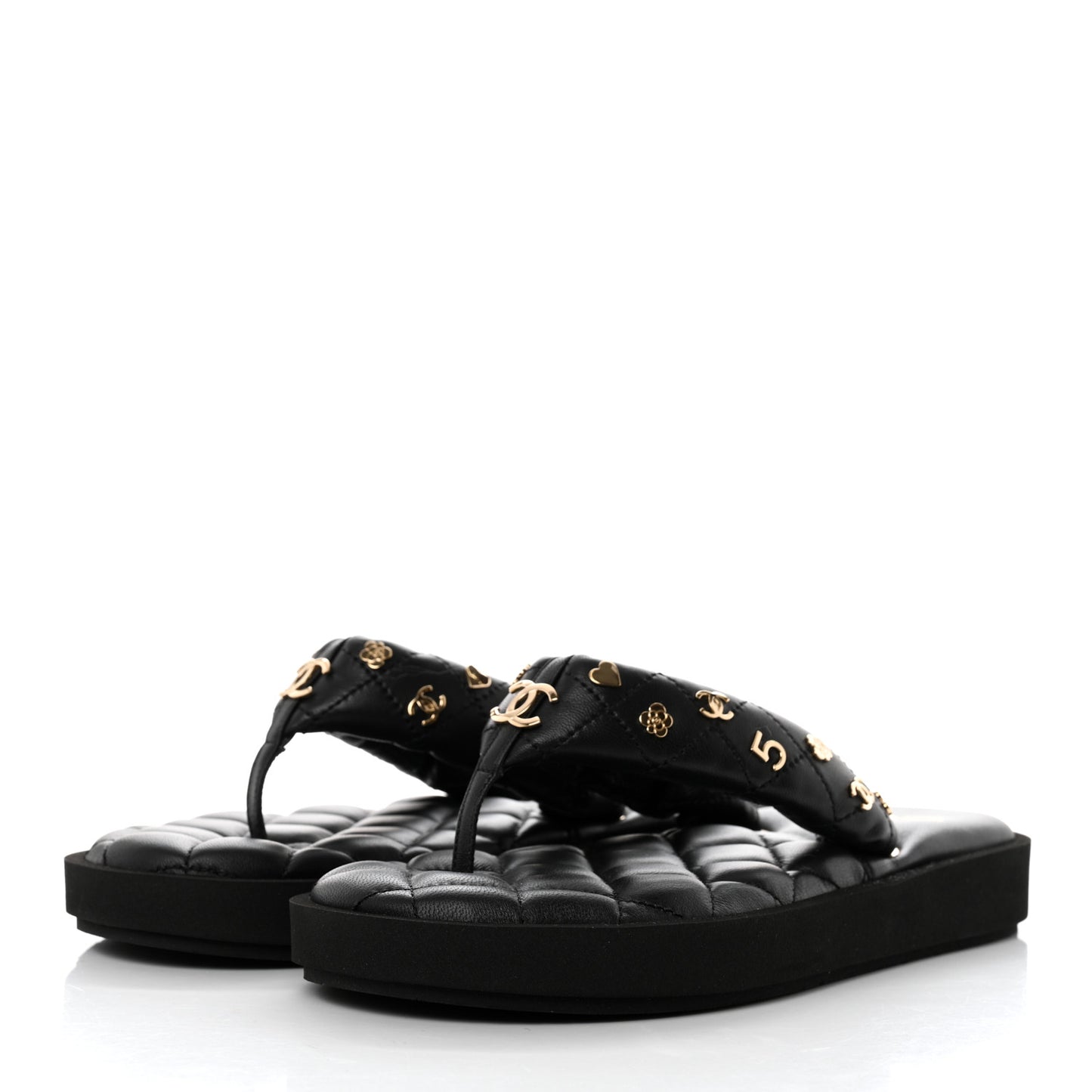 Lambskin Quilted Padded Charms Thong Sandals 36.5 Black
