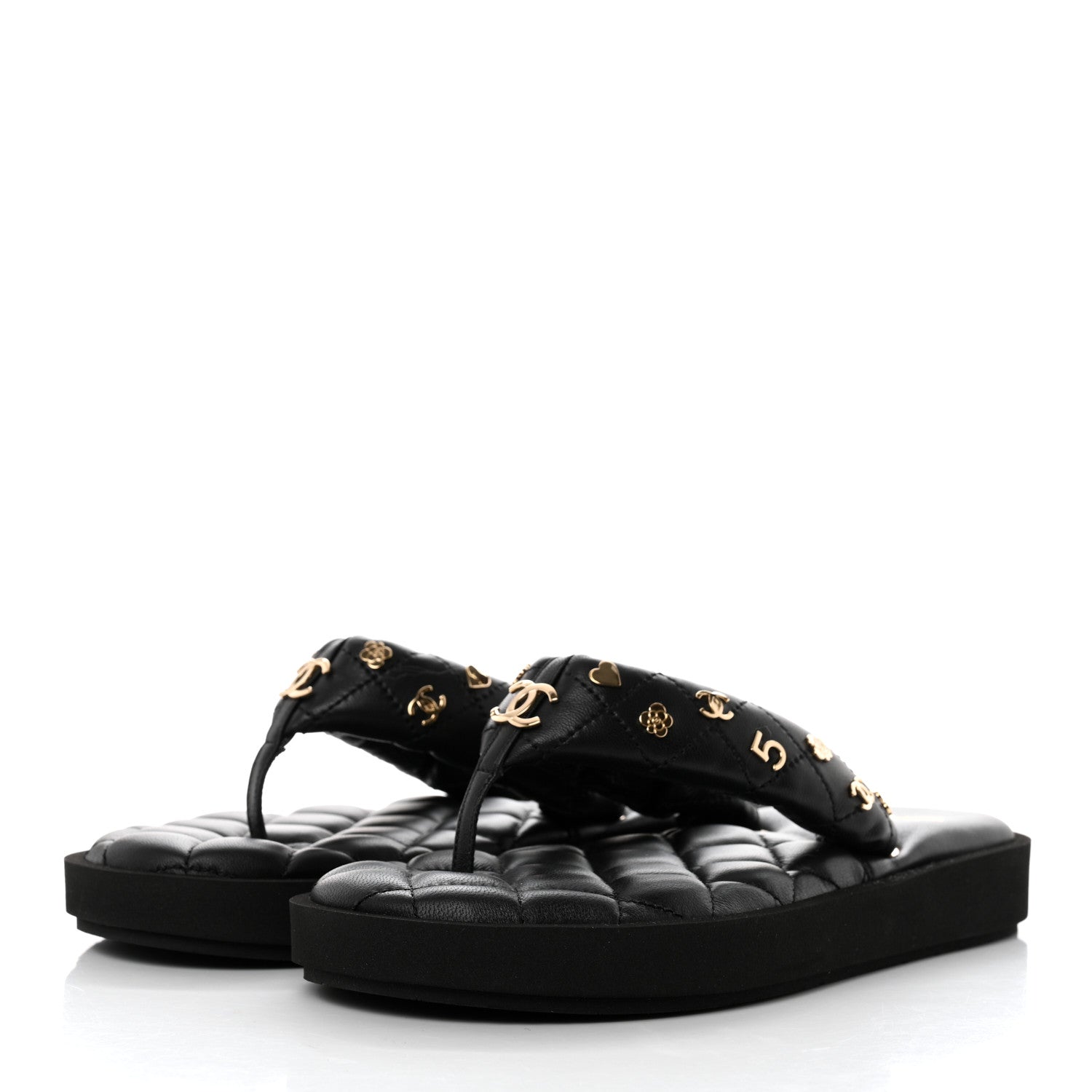 Chanel Lambskin Quilted Padded Charms Thong Sandals 36.5 Black 3 of 8