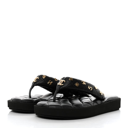 Chanel Lambskin Quilted Padded Charms Thong Sandals 36.5 Black 3 of 8