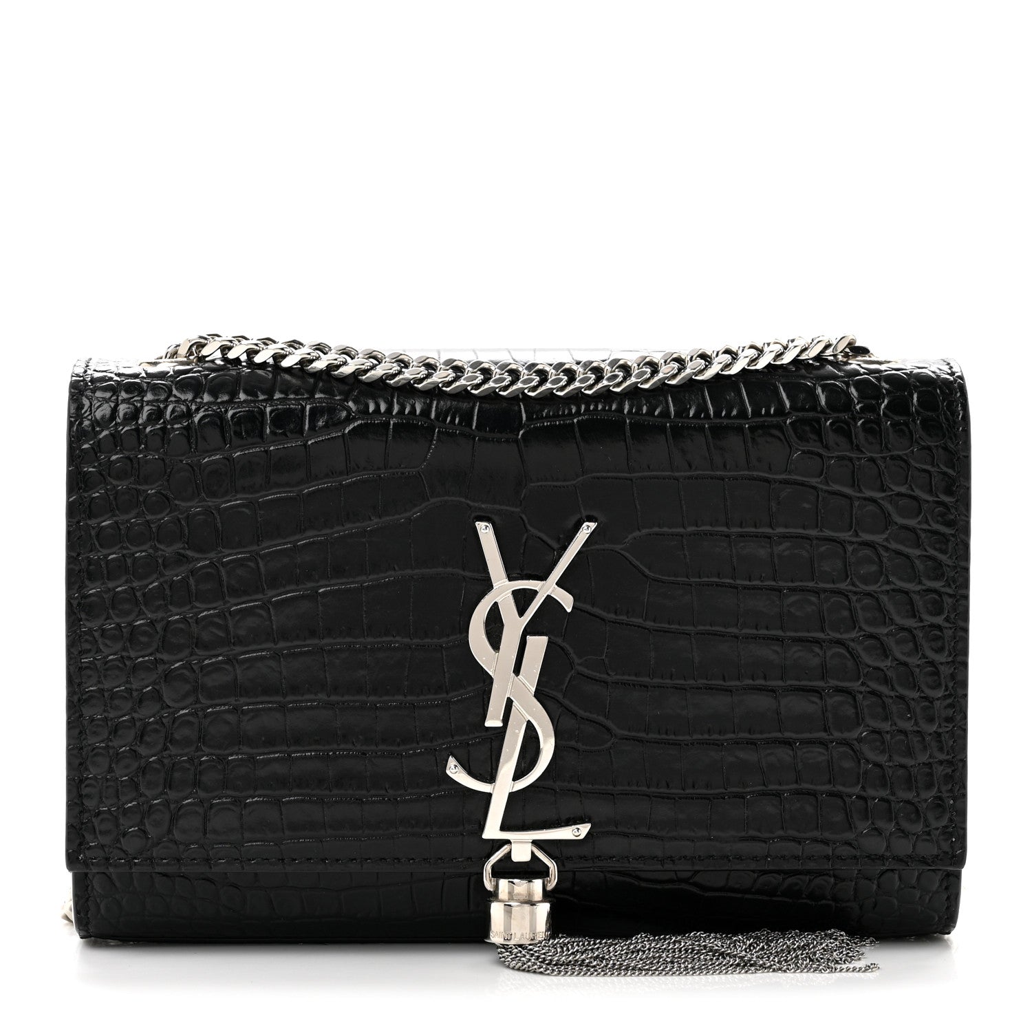 Saint Laurent Calfskin Crocodile Embossed Small Classic Monogram Kate Tassel Satchel Black 1 of 13