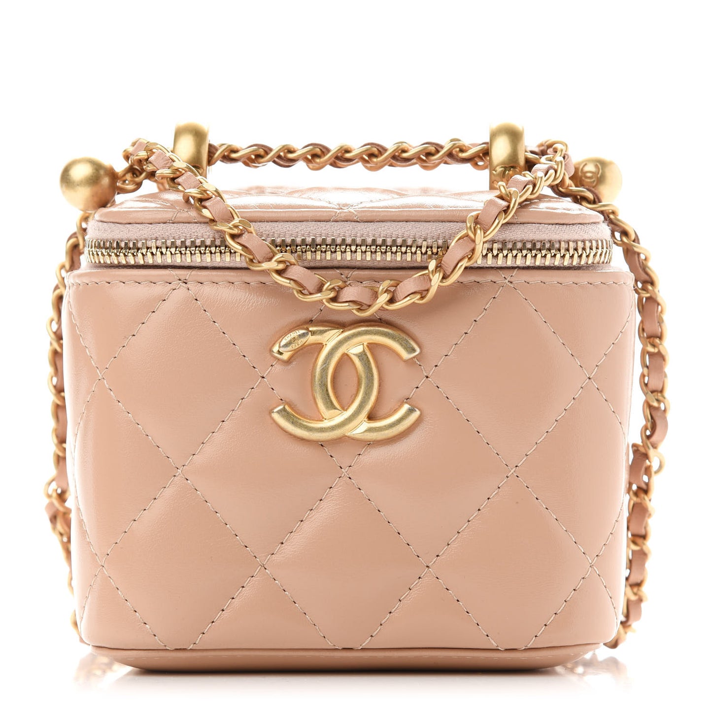 Calfskin Quilted Mini Perfect Fit Vanity Case With Chain Beige