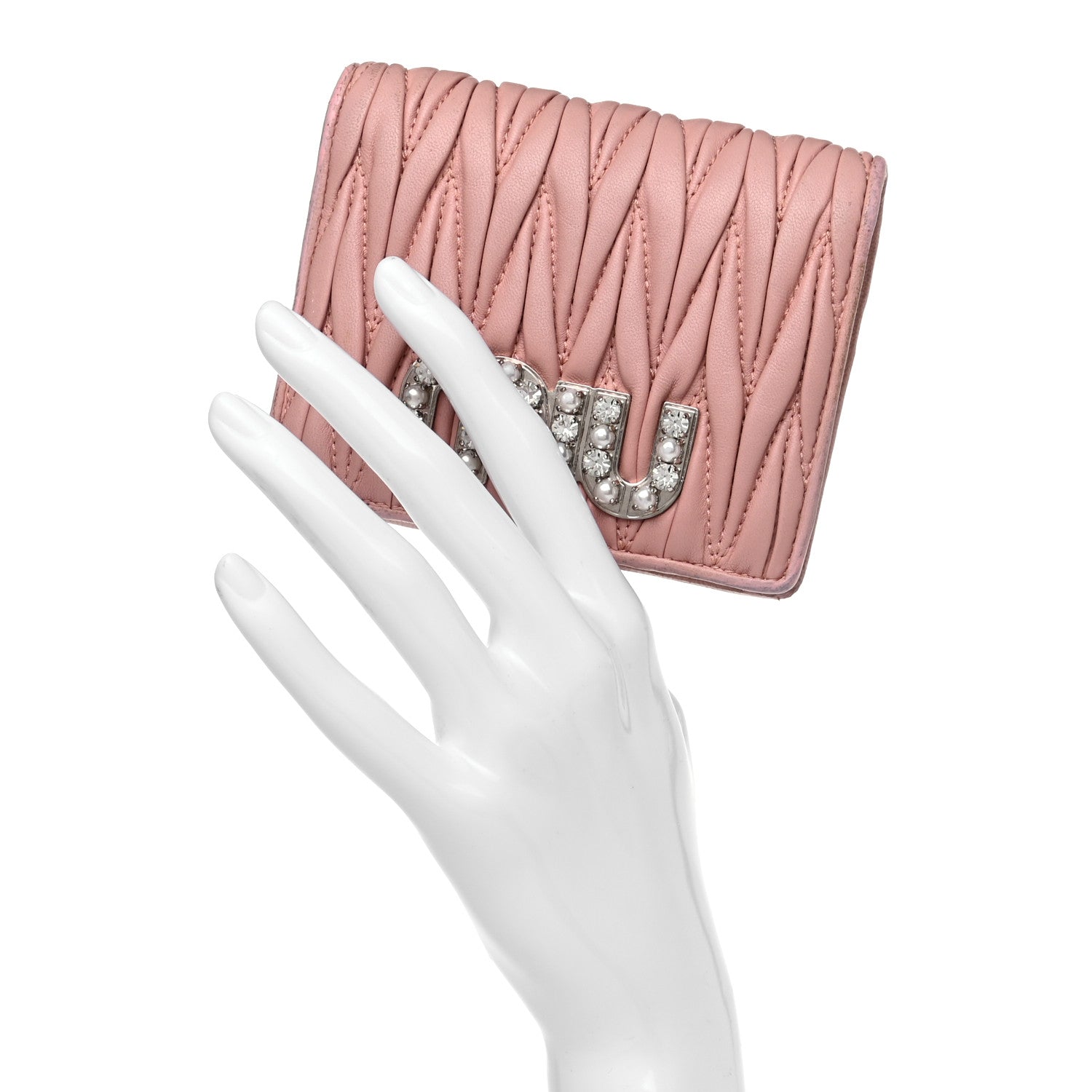 Miu Miu Nappa Matelasse Crystal Pearl Logo Compact Wallet Orchidea 2 of 11