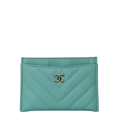 Chanel Caviar Chevron Quilted Card Holder Turquoise 1 of 8