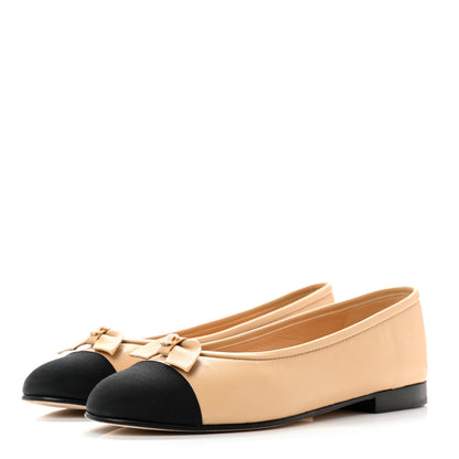 Chanel Lambskin Grosgrain Cap Toe Pearl CC Ballerina Flats 36.5 Beige Black 3 of 8