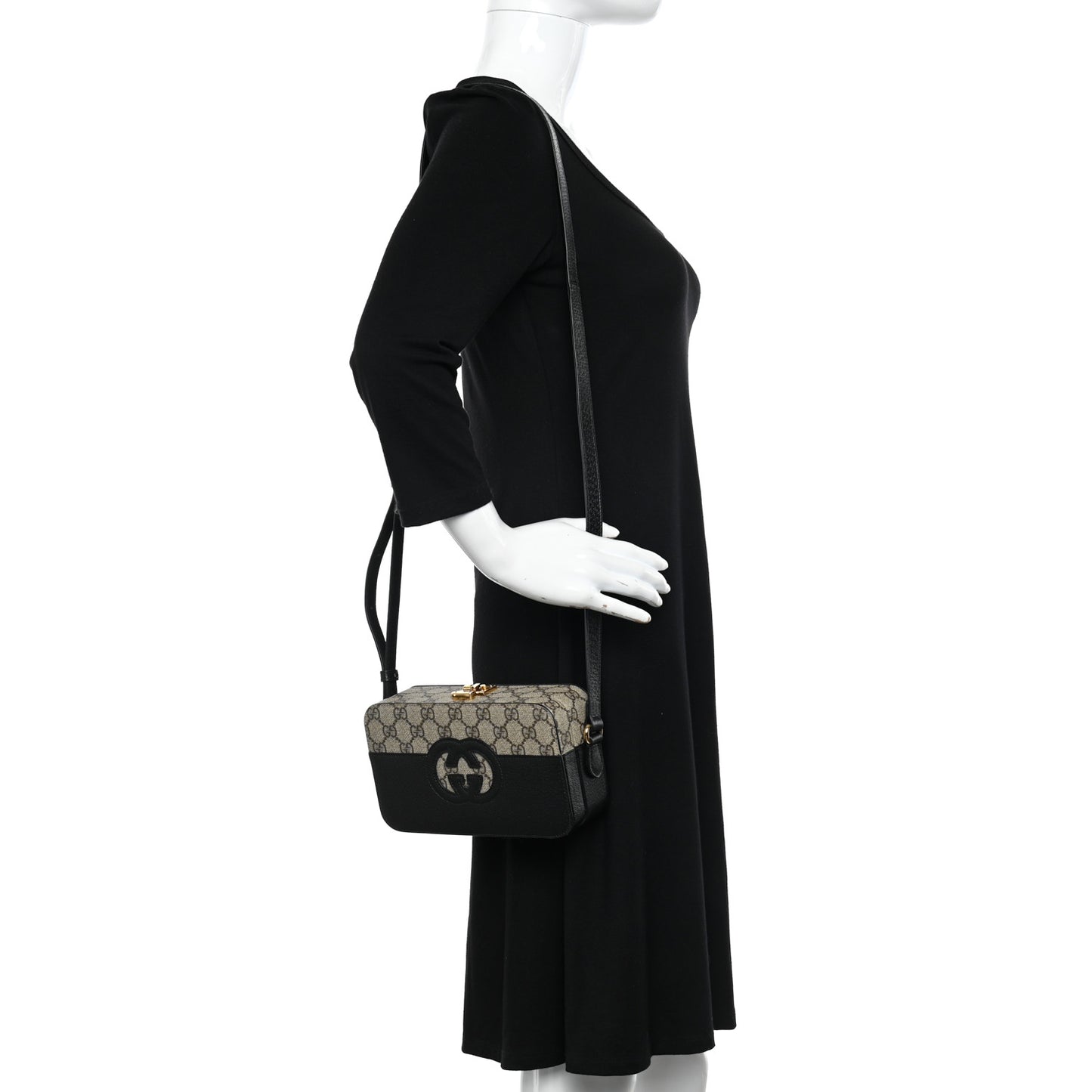 GG Supreme Monogram Textured Dollar Calfskin Mini New Basket Shoulder Bag Beige Ebony Black