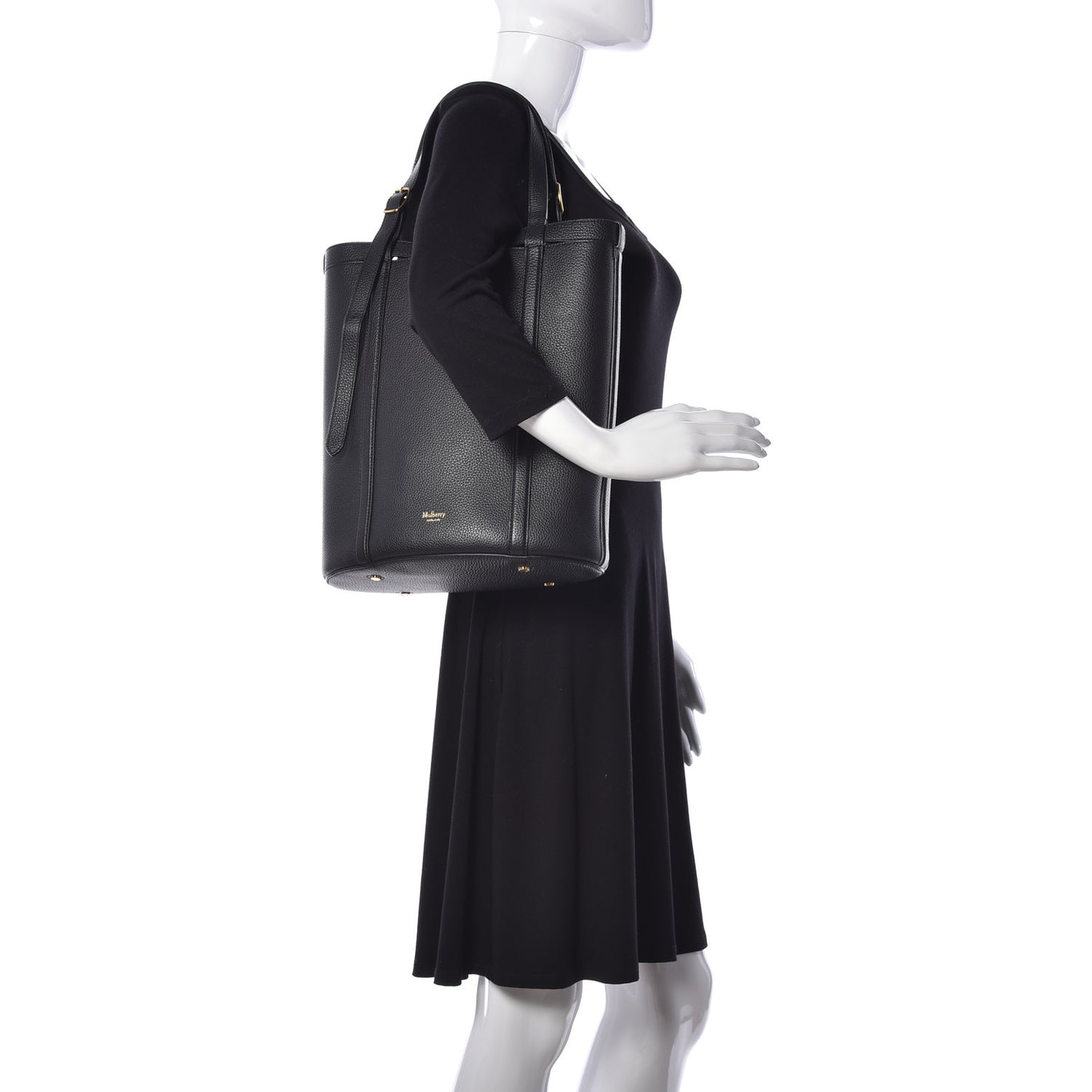 Small Classic Grain Calfskin Bucket Tote Bag Black