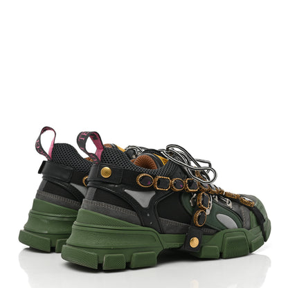 Gucci X SEGA Mesh Suede Calfskin Removable Crystals Mens Flashtrek Sneakers 8.5 Loess Black Olive Green 4 of 8