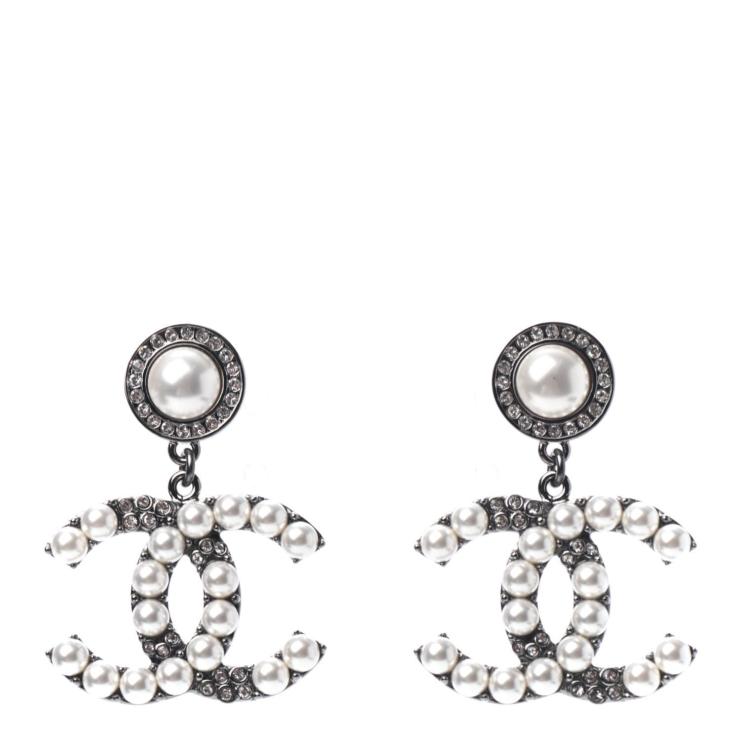Chanel Pearl Crystal CC Drop Earrings Silver 1 of 4